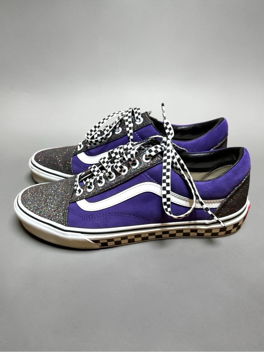 Vans Old Skool Purple Glitter Low-Top Sneakers with Checkerboard Trim W9.5/M8